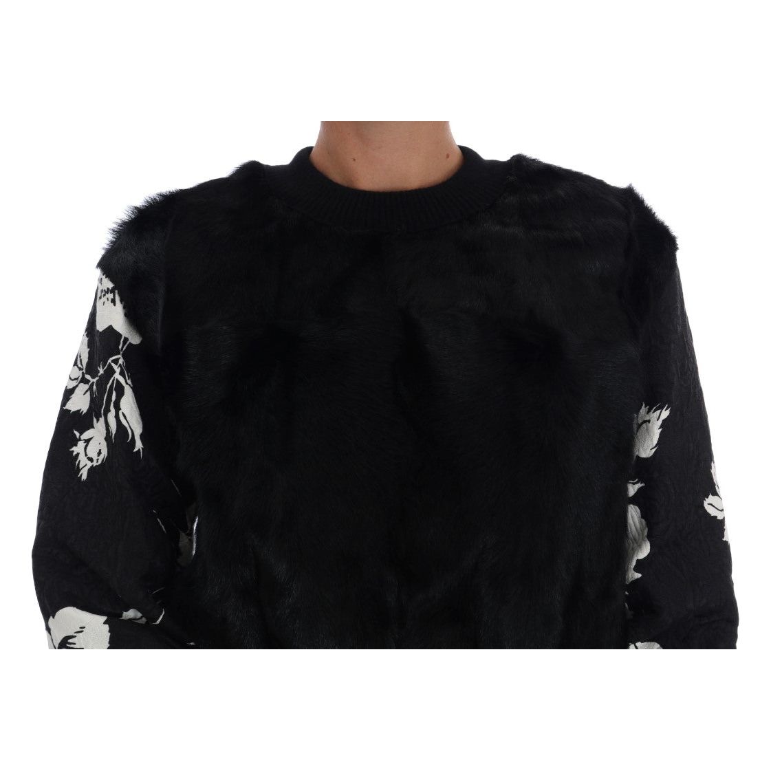 Dolce & Gabbana Floral Brocade Black Fur Sweater Dolce & Gabbana