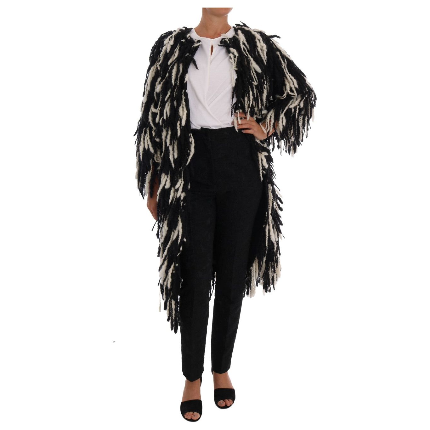 Dolce & Gabbana Black and White Fringed Wool Coat Jacket Coats & Jackets Dolce & Gabbana