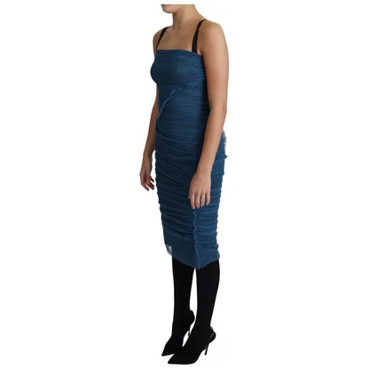 Dolce & Gabbana Blue Draped Tulle Midi Sheath Cotton Dress