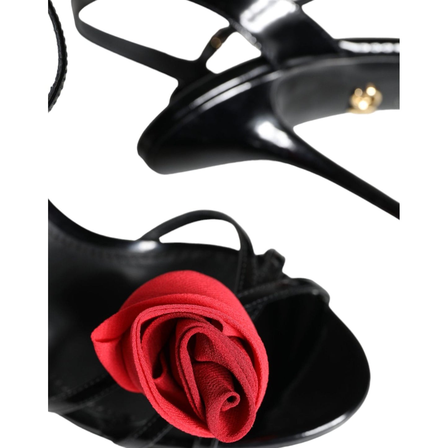 Dolce & Gabbana Black Leather Rose Ankle Strap Keira Sandals Shoes Dolce & Gabbana