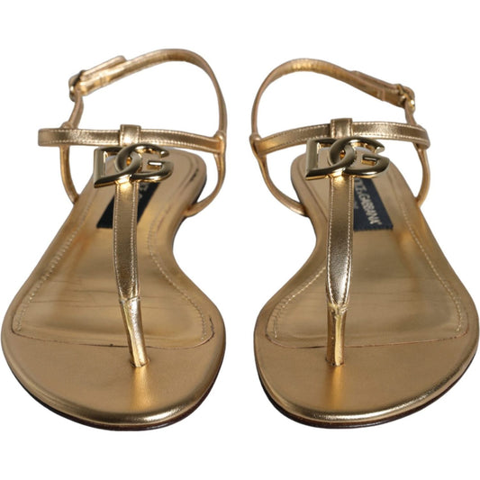 Dolce & Gabbana Gold Leather DG Logo Flats Sandals Shoes Dolce & Gabbana