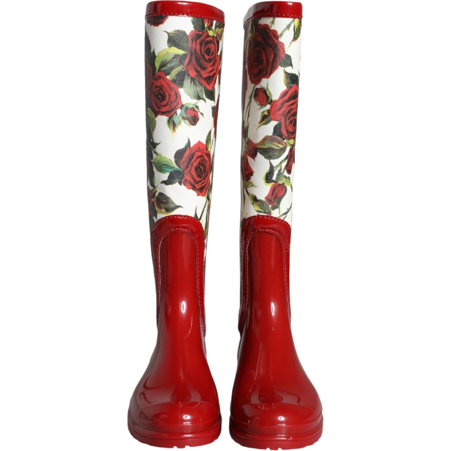 Dolce & Gabbana Red Floral Rubber Knee High Flat Boots Shoes Dolce & Gabbana