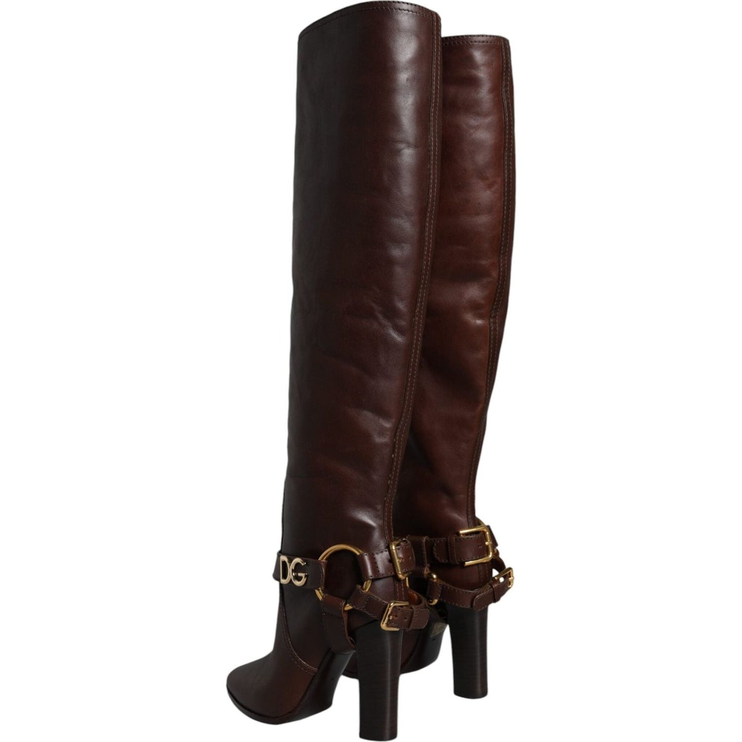 Dolce & Gabbana Brown Leather Gold Tone Logo High Boots Shoes Dolce & Gabbana