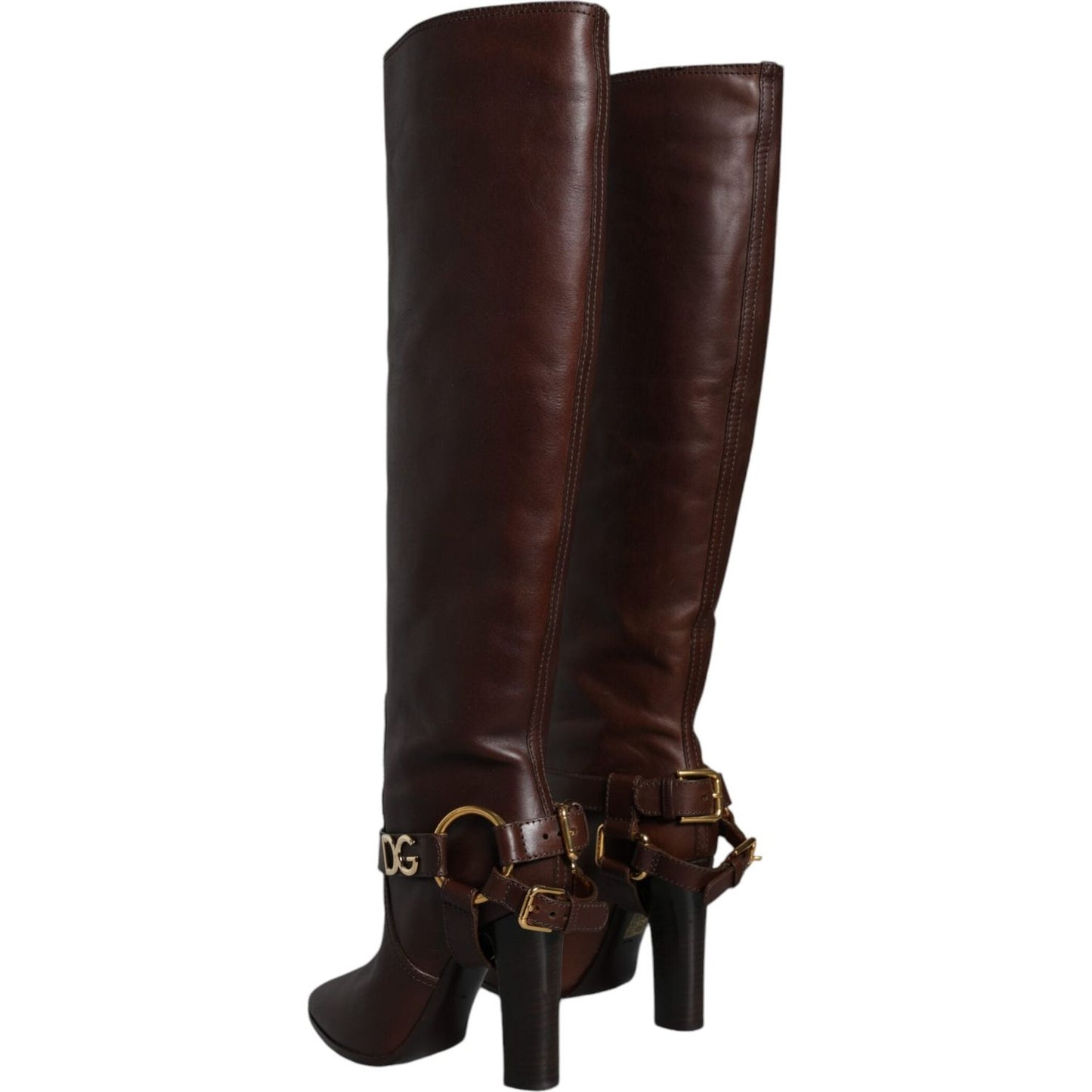 Dolce & Gabbana Brown Leather Gold Tone Logo High Boots Shoes Dolce & Gabbana