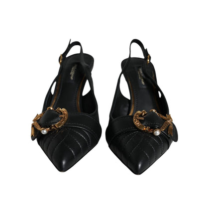 Dolce & Gabbana Black Devotion Leather Heels Slingback Shoes