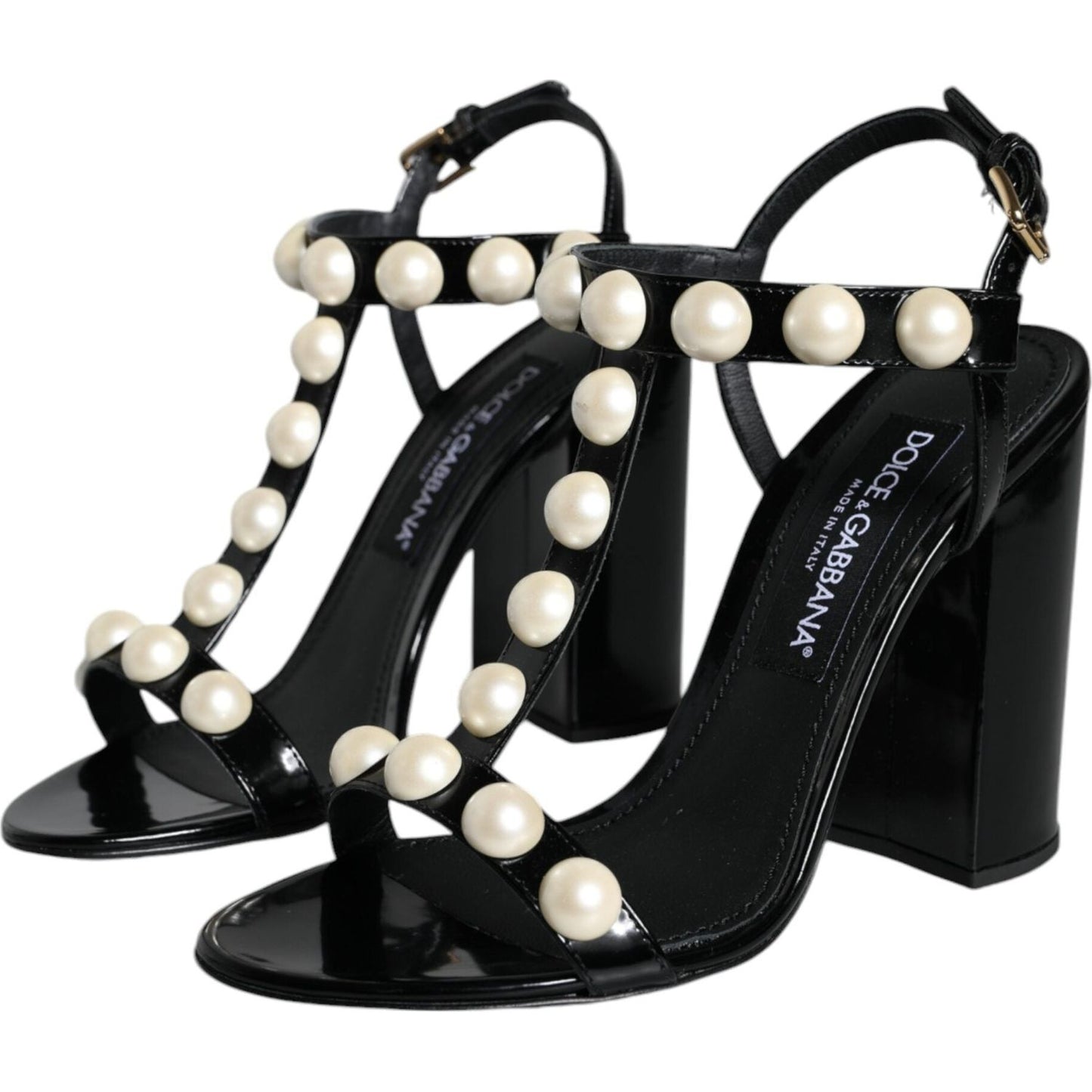 Dolce & Gabbana Black Leather Pearls T-strap Sandals Shoes Dolce & Gabbana