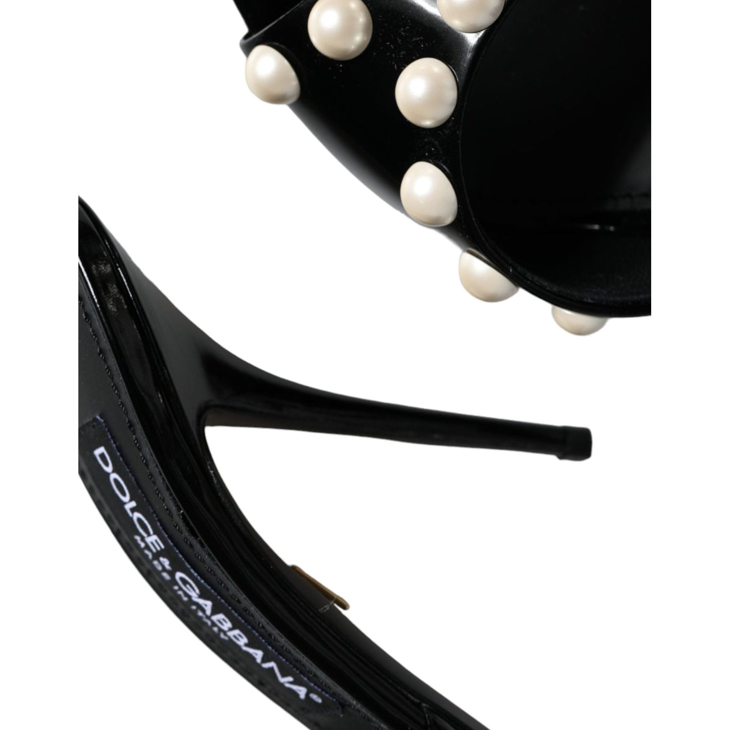 Dolce & Gabbana Black Leather Pearls Slides Sandals Shoes Dolce & Gabbana