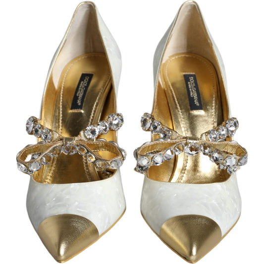 Dolce & Gabbana White Mary Jane Crystal Bow Pearl Pumps Shoes