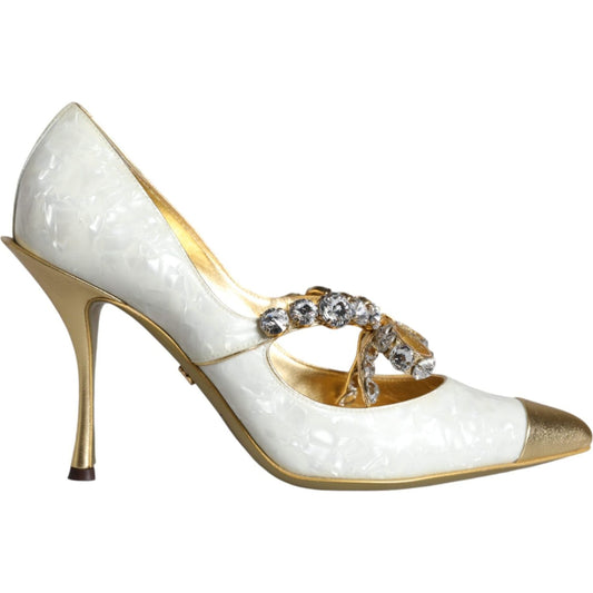 Dolce & Gabbana White Mary Jane Crystal Bow Pearl Pumps Shoes