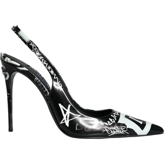 Dolce & Gabbana Black Graffiti Leather Slingback Heels Pumps Shoes Dolce & Gabbana