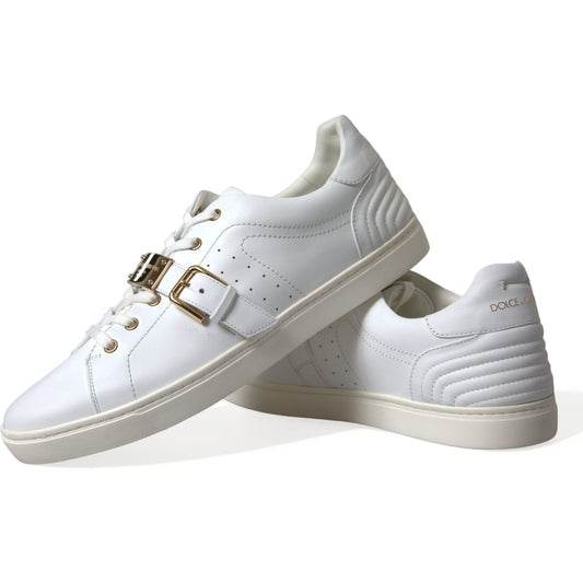 Dolce & Gabbana White Leather Gold Buckle Sneakers Shoes Dolce & Gabbana