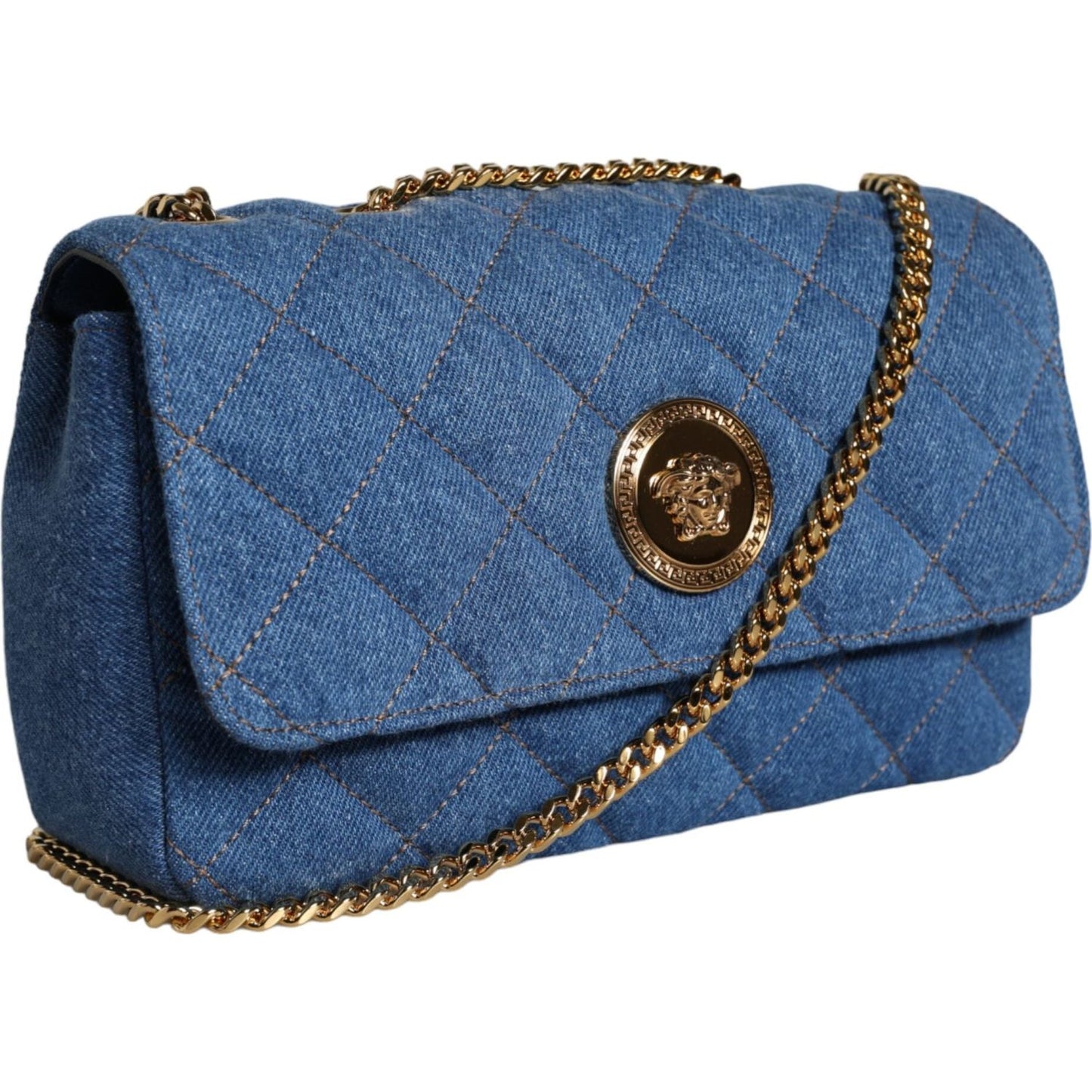 Versace Blue Quilted Denim Leather Crossbody Shoulder Bag Versace