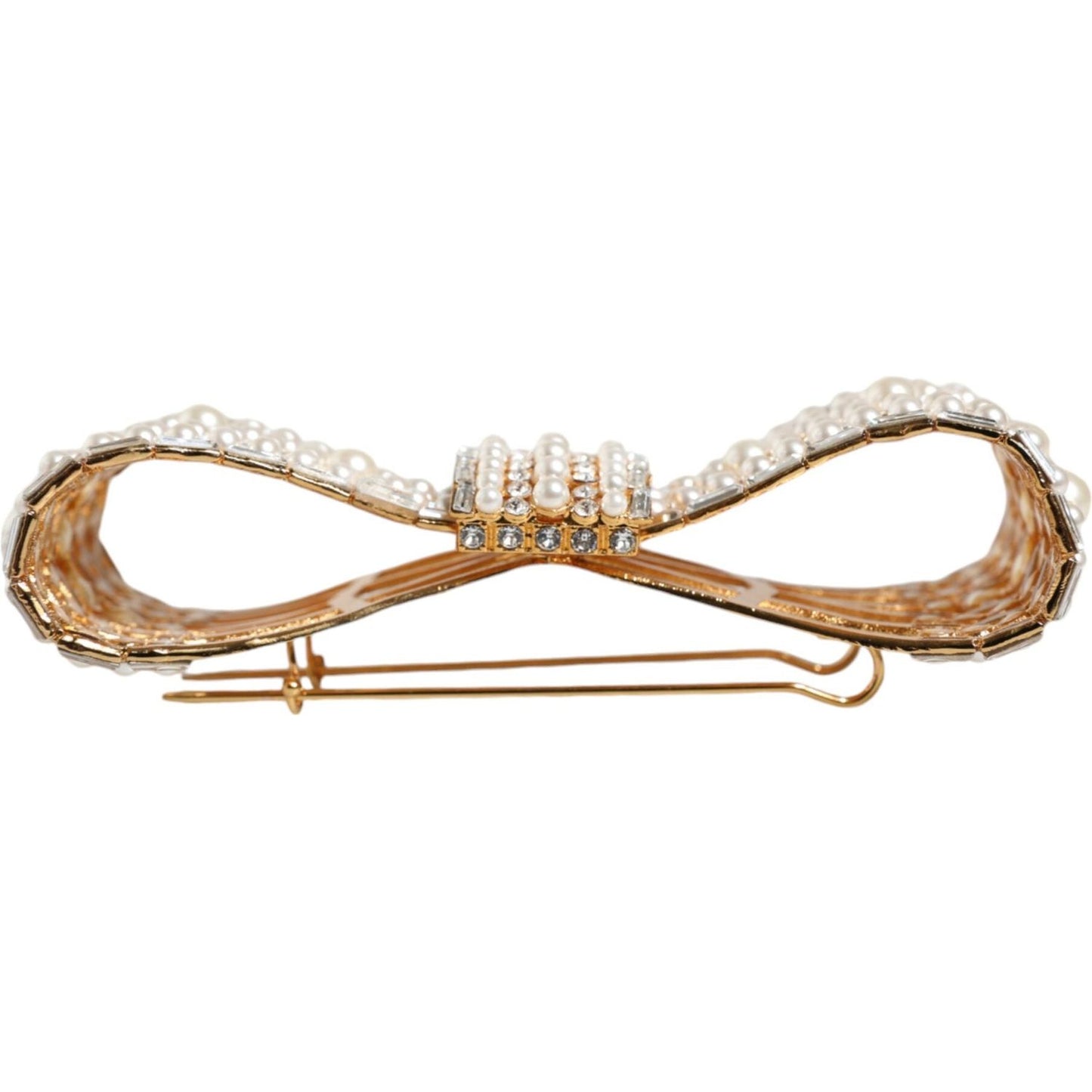 Dolce & Gabbana Gold Tone Brass Bow Crystal FauxPearl Embellished Brooch Dolce & Gabbana