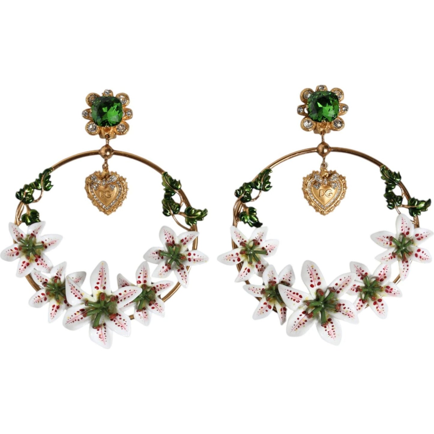 Dolce & Gabbana Gold Tone Brass Crystals Lily Resin Devotion Earrings Earrings Dolce & Gabbana