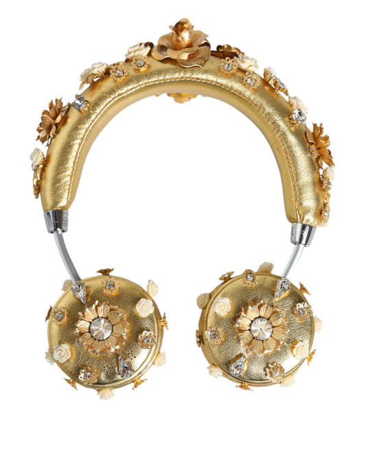 Dolce & Gabbana Gold Leather Floral Crystal Angel Headphones Dolce & Gabbana