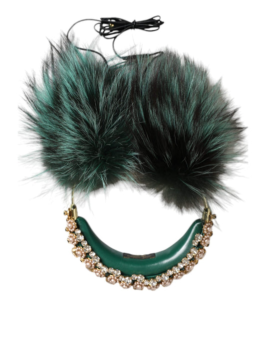 Dolce & Gabbana Green Gold Crystal Fur Headset Audio AUX Headphones Dolce & Gabbana