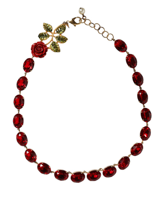 Dolce & Gabbana Gold Chain Brass Red Rose Crystal Embellished Necklace Dolce & Gabbana