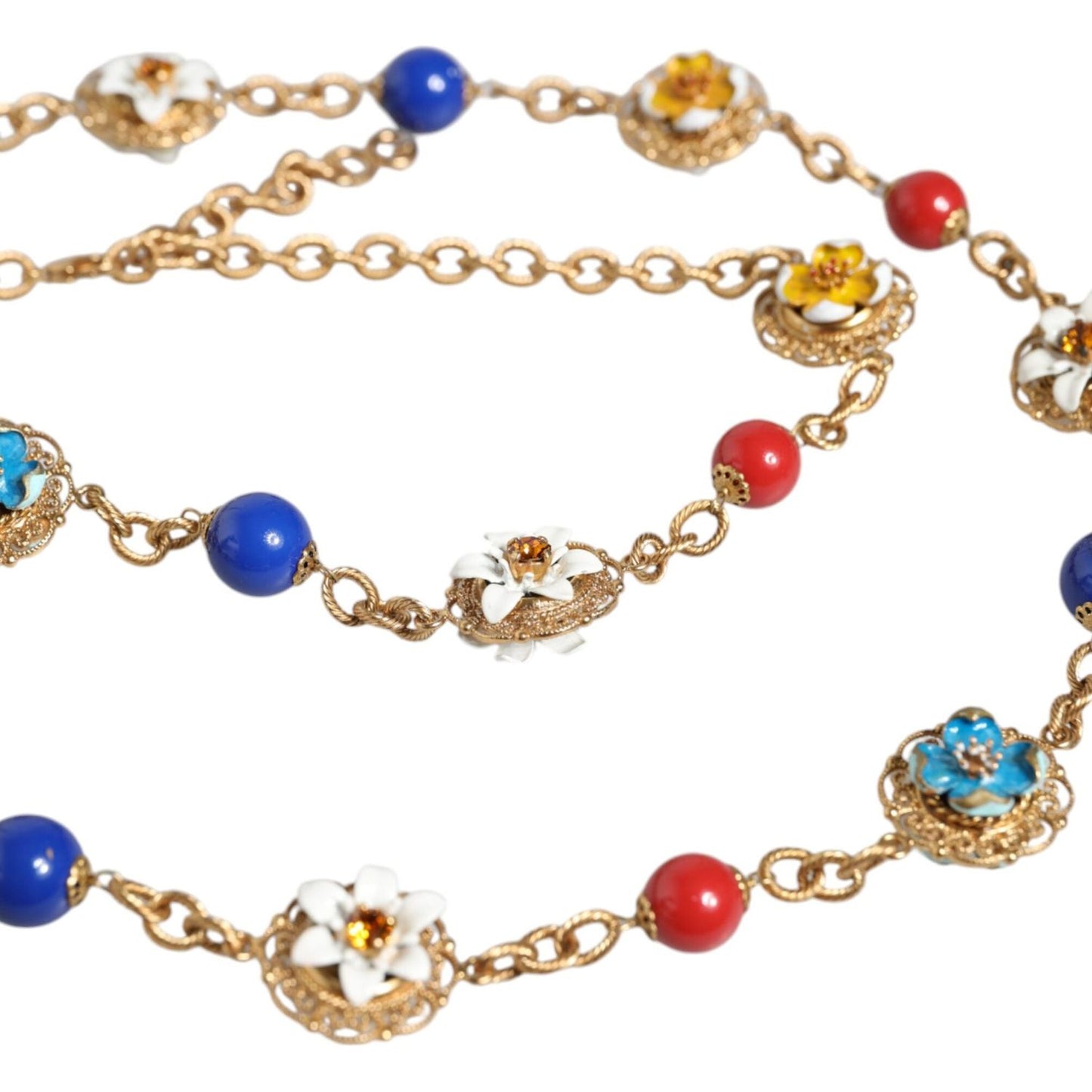 Dolce & Gabbana Gold Tone Brass Chain Floral Crystal Beaded Necklace Dolce & Gabbana