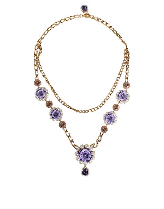 Dolce & Gabbana Gold Tone Floral Crystals Embellished Layered Necklace Dolce & Gabbana