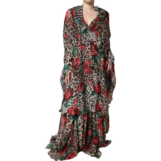 Dolce & Gabbana Brown Leopard Red Roses Silk Long Gown Dress Dolce & Gabbana