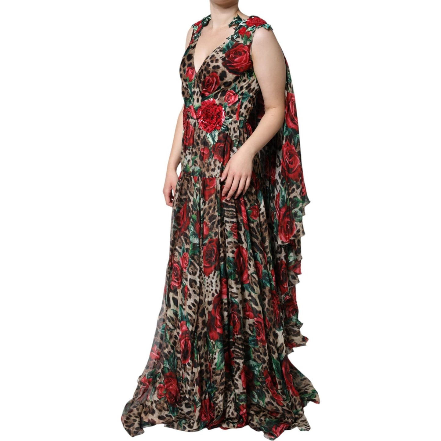 Dolce & Gabbana Brown Leopard Red Roses Silk Long Gown Dress Dolce & Gabbana