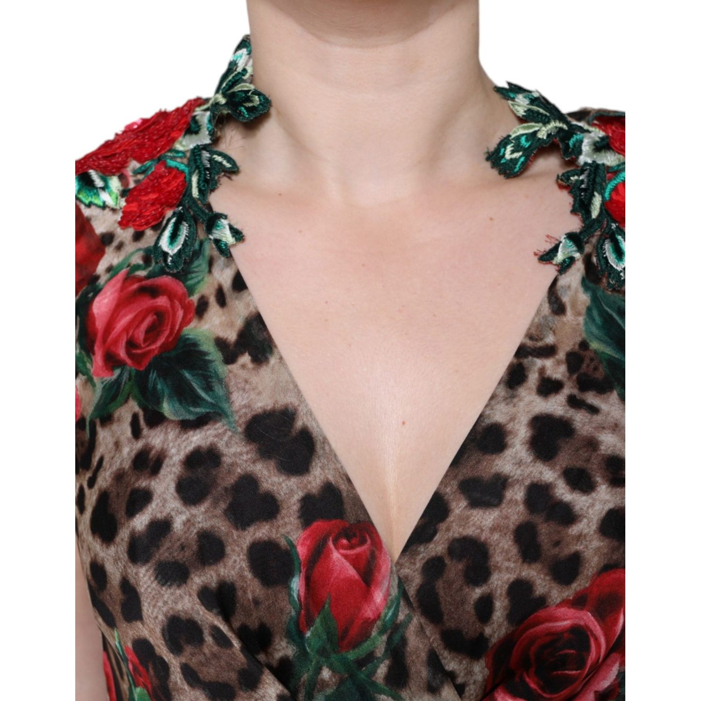 Dolce & Gabbana Brown Leopard Red Roses Silk Long Gown Dress Dolce & Gabbana