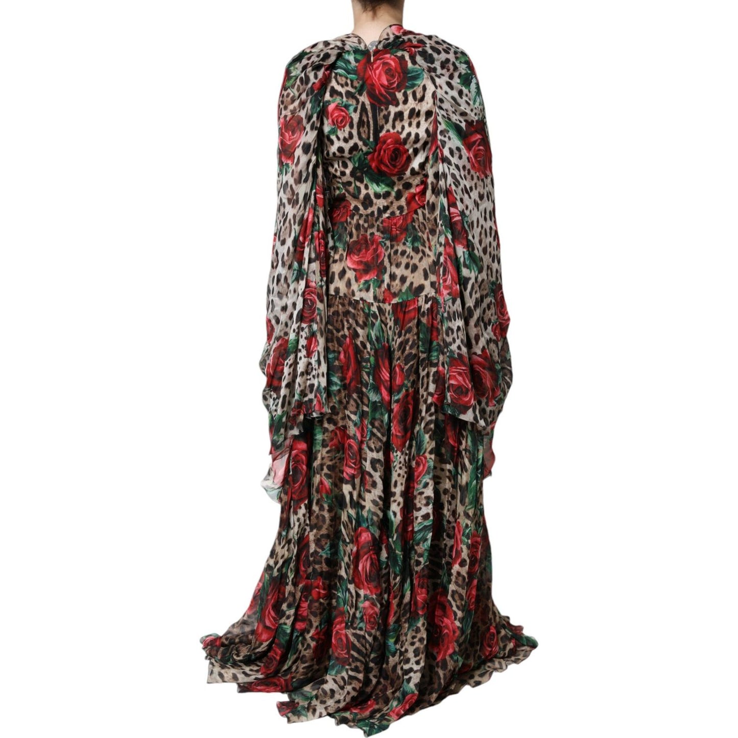 Dolce & Gabbana Brown Leopard Red Roses Silk Long Gown Dress Dolce & Gabbana