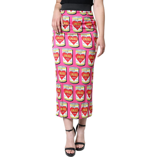 Dolce & Gabbana Pink AMORE Silk High Waist Pencil Cut Skirt Dolce & Gabbana