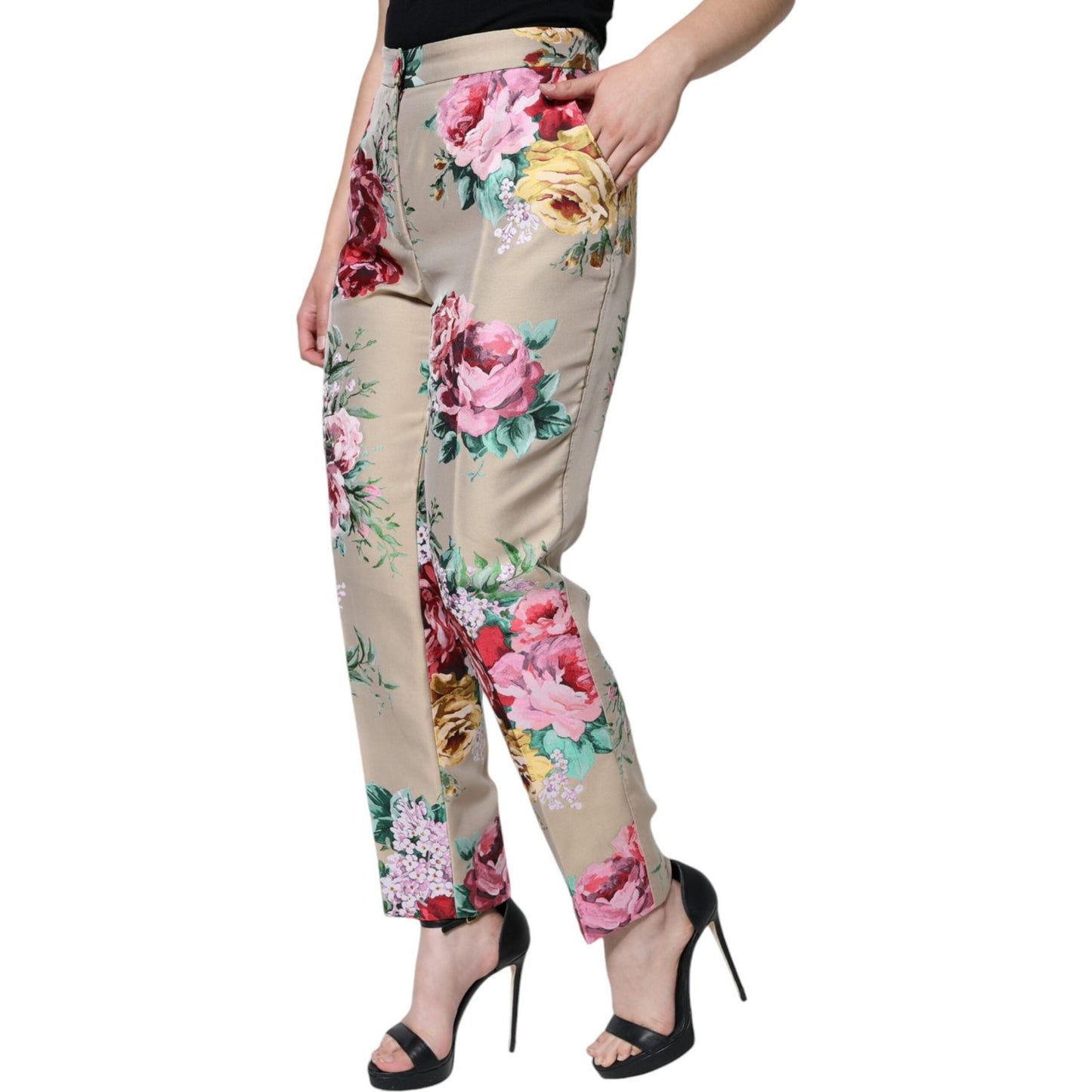 Dolce & Gabbana Beige Floral Jacquard High Waist Tapered Pants Dolce & Gabbana