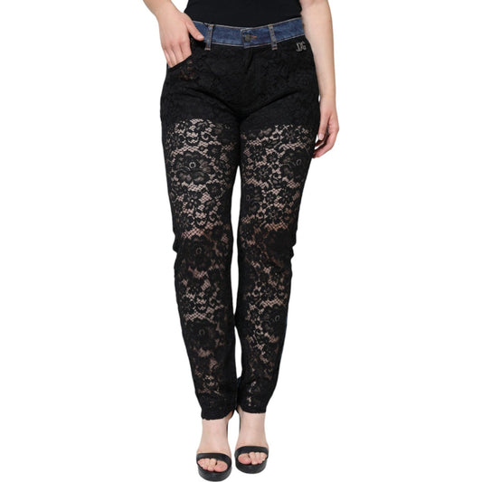 Dolce & Gabbana Black Floral Lace Front Skinny Denim Jeans Dolce & Gabbana