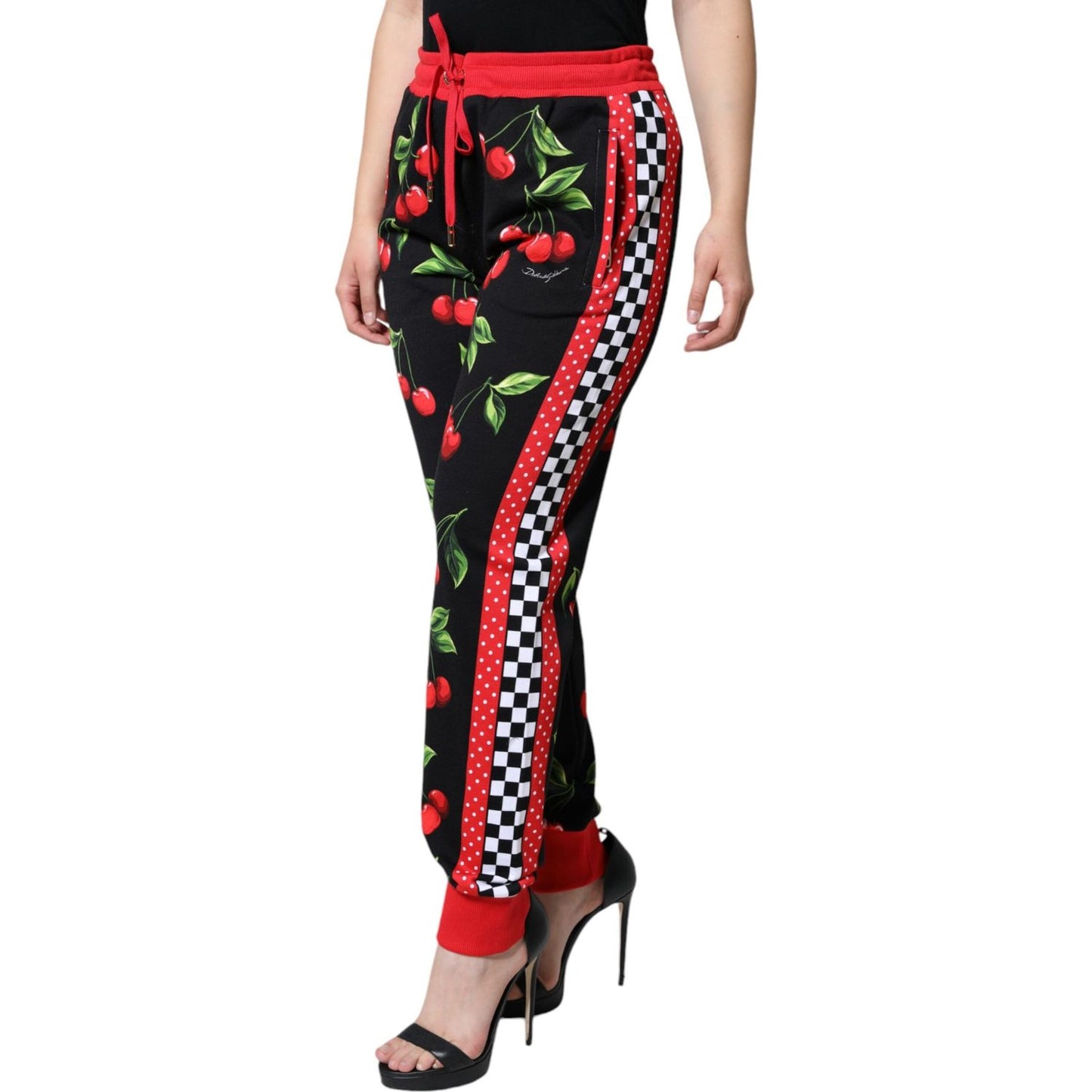 Dolce & Gabbana Black Red Cherry Mid Waist Jogger Pants Dolce & Gabbana