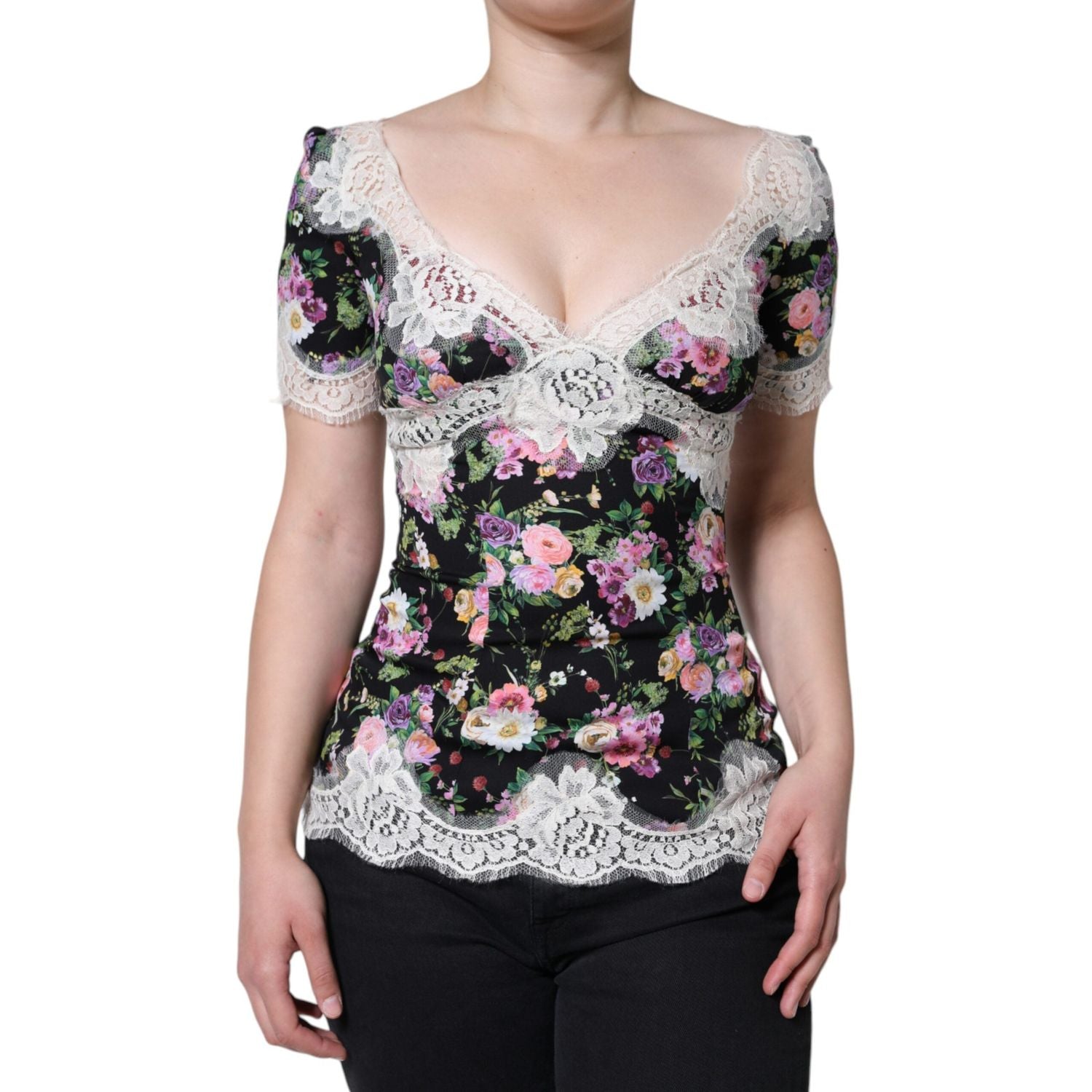 Dolce & Gabbana Black Floral Lace Short Sleeves Blouse Top