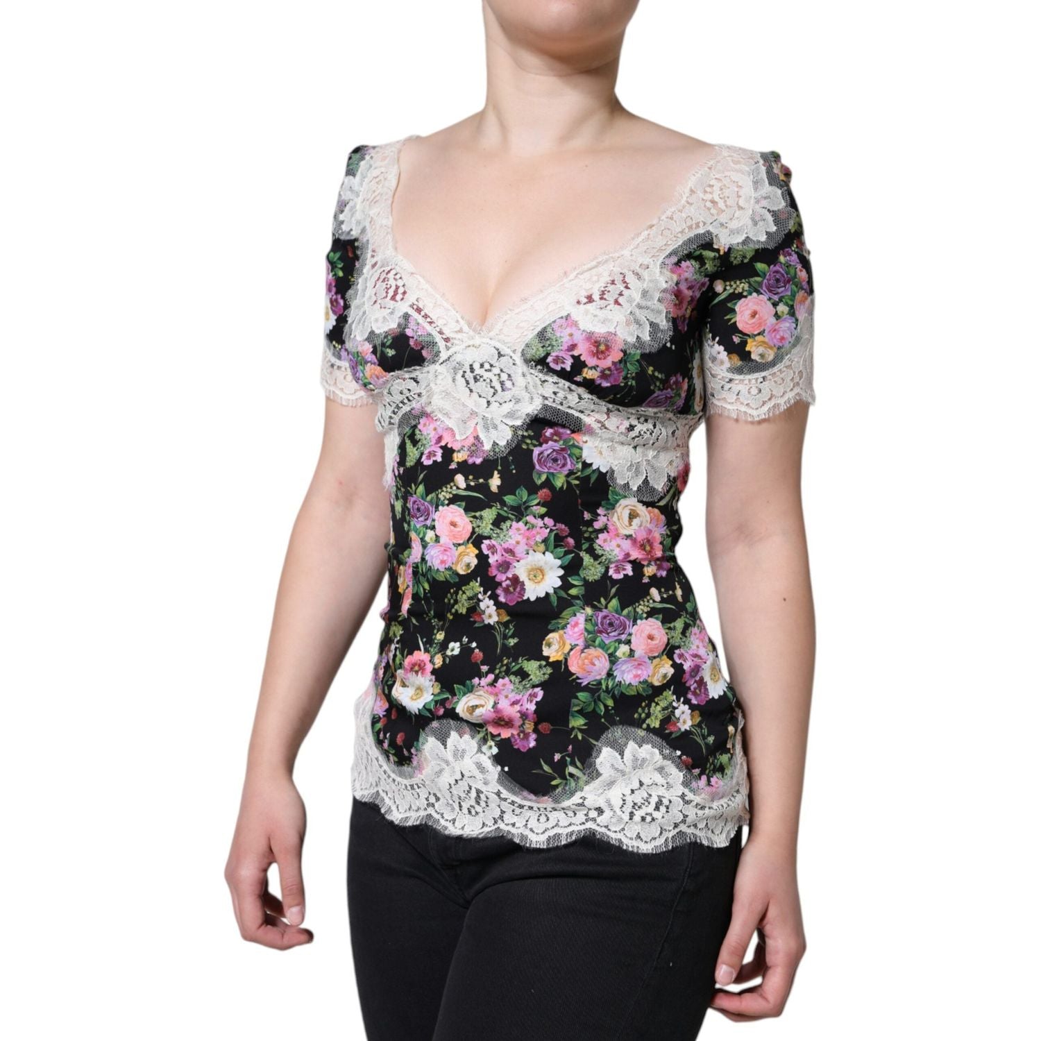 Dolce & Gabbana Black Floral Lace Short Sleeves Blouse Top