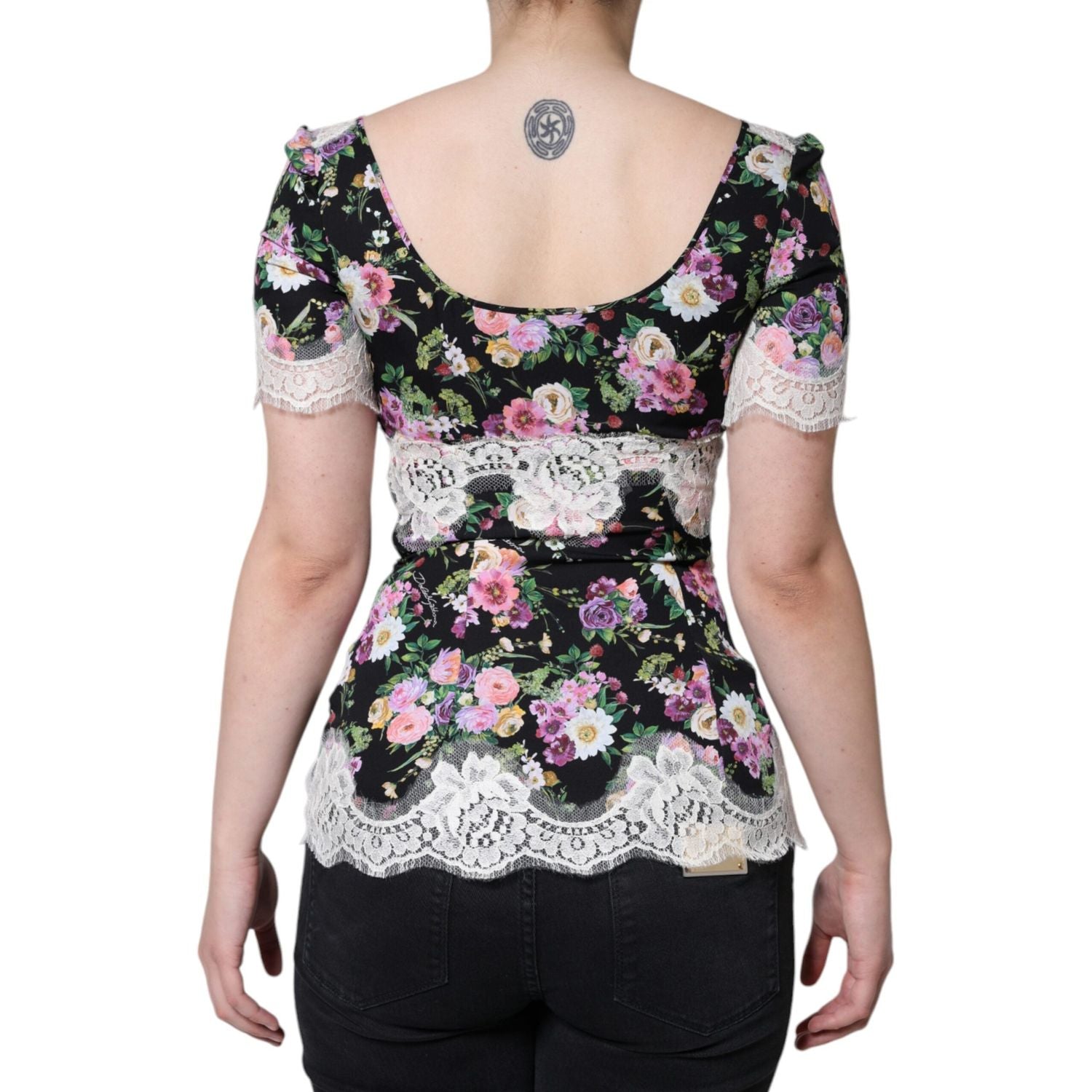 Dolce & Gabbana Black Floral Lace Short Sleeves Blouse Top