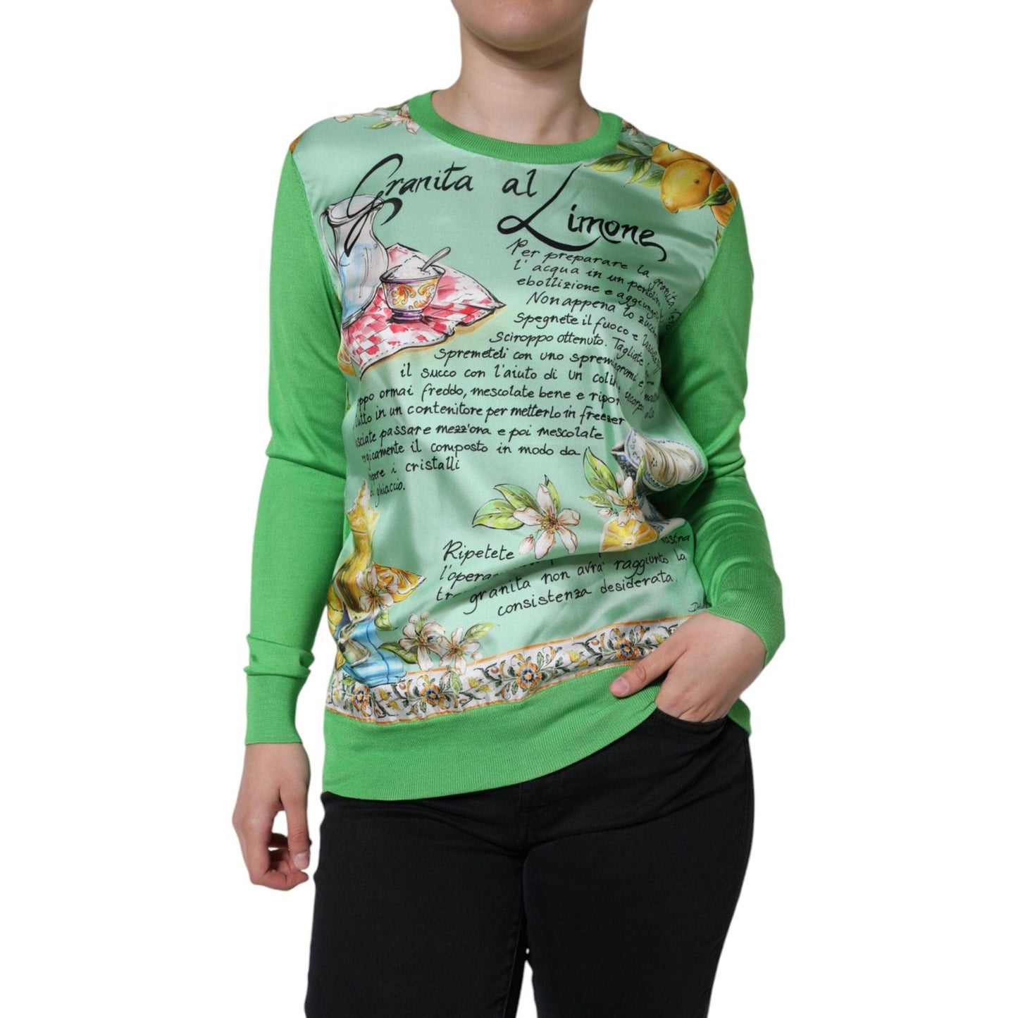 Dolce & Gabbana Green Silk Granita Al Limone Long Sleeves Sweater Dolce & Gabbana