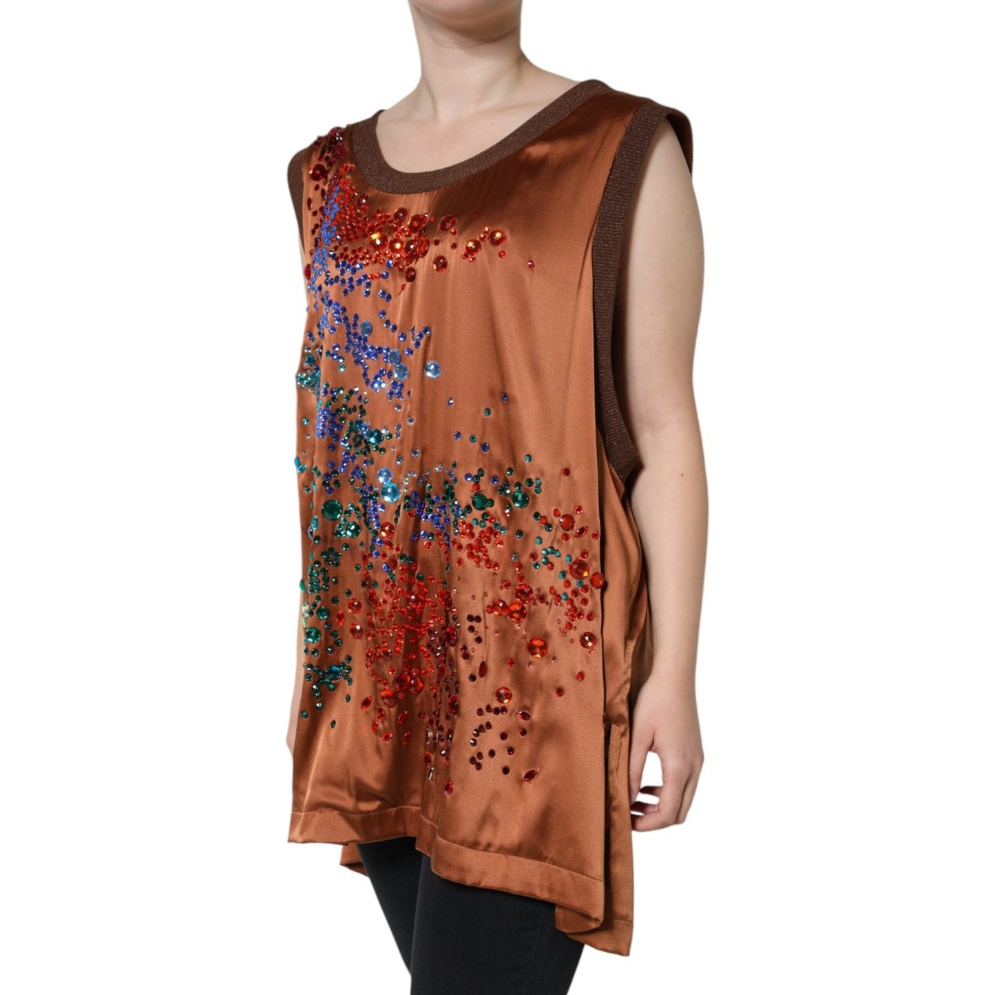 Dolce & Gabbana Brown Crystal Embellished Sleeveless Tank Top Dolce & Gabbana