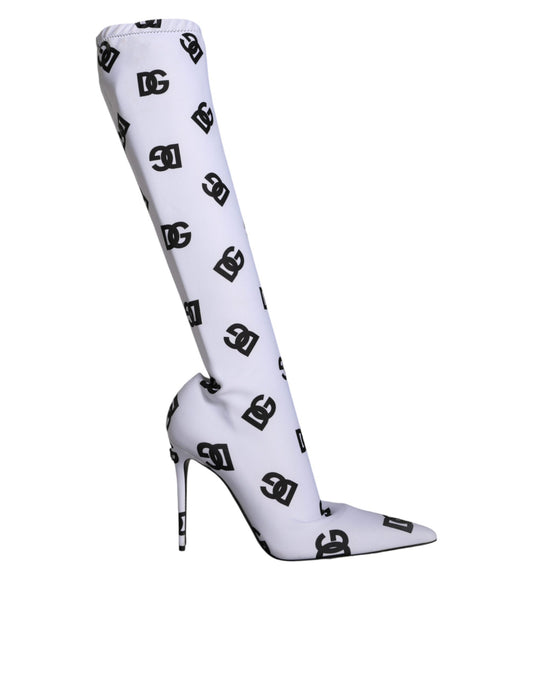 Dolce & Gabbana White Logo Stretch Heels High Boots Shoes Dolce & Gabbana