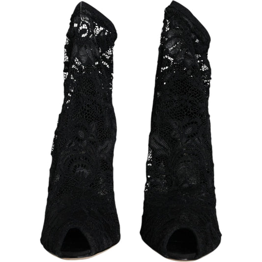 Dolce & Gabbana Black Lace Stretch Heels Mid Calf Boot Shoes Dolce & Gabbana