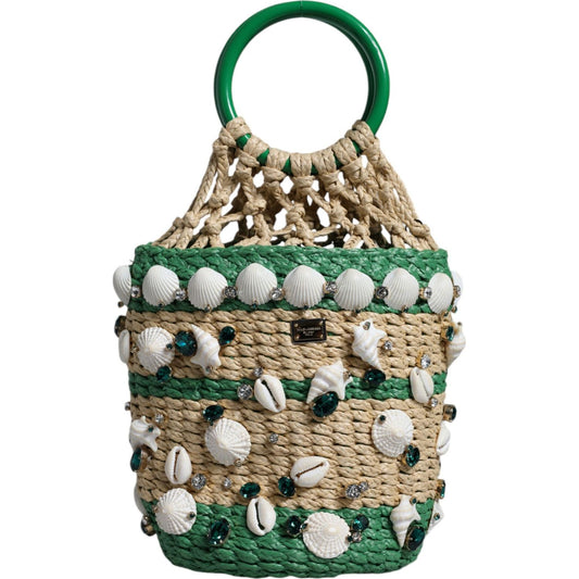 Dolce & Gabbana Beige Green Rafia Seashells Crystal Bucket Bag Dolce & Gabbana