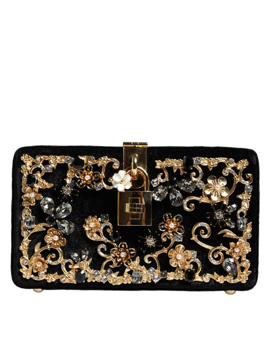 Dolce & Gabbana Black Velvet Floral Crystal Clutch Evening Purse Bag Dolce & Gabbana