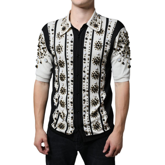 Dolce & Gabbana White Black Silk Studded Stone Crystal Shirt Dolce & Gabbana