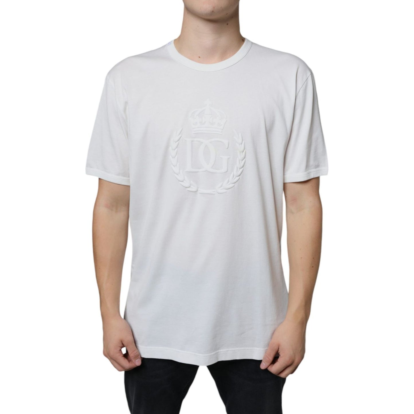 Dolce & Gabbana White Logo Embossed Cotton Crewneck T-shirt Dolce & Gabbana