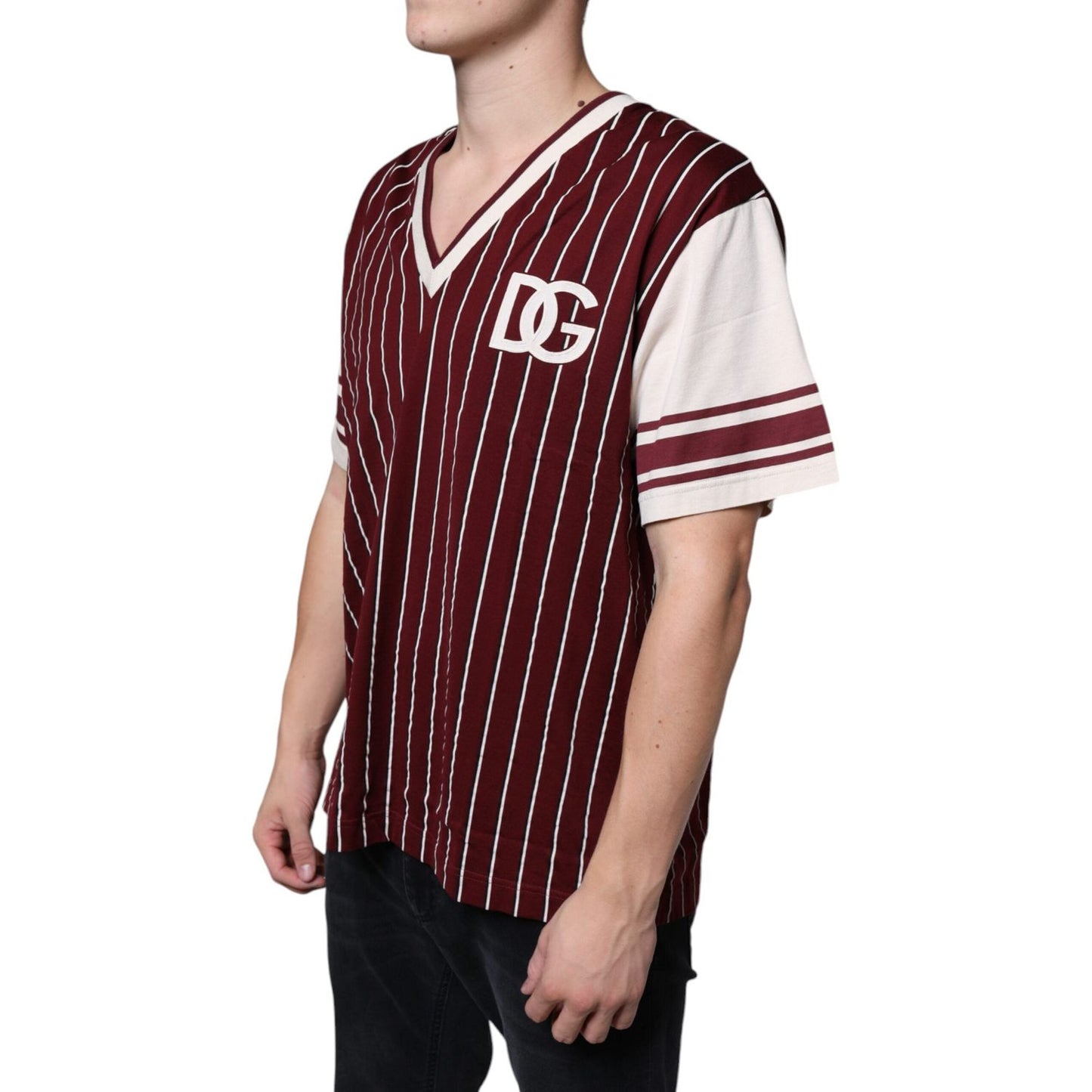 Dolce & Gabbana Maroon Stripes Cotton Logo V-neck T-shirt Dolce & Gabbana