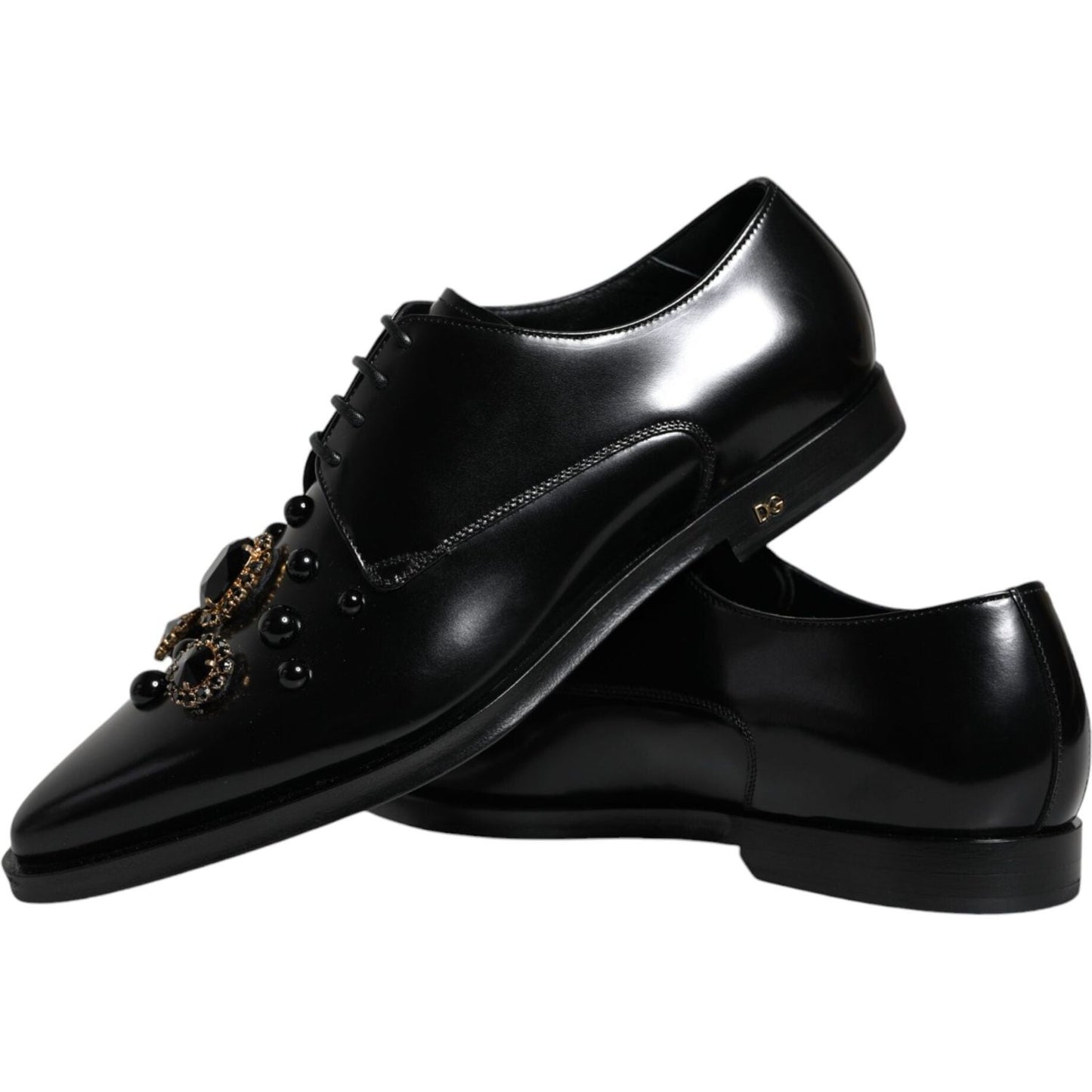 Dolce & Gabbana Black Leather Crystal Lace Up Formal Shoes Dolce & Gabbana