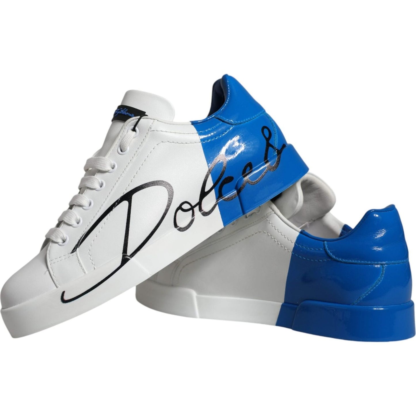 Dolce & Gabbana White Blue Leather Logo Low Top Sneakers Shoes Dolce & Gabbana