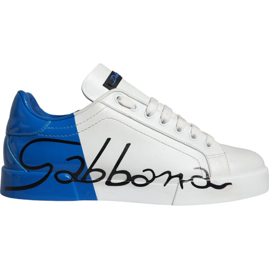 Dolce & Gabbana White Blue Leather Logo Low Top Sneakers Shoes Dolce & Gabbana