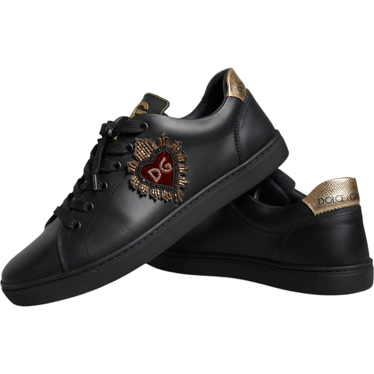 Dolce & Gabbana Black Leather Heart Low Top Casual Sneaker Shoes Dolce & Gabbana