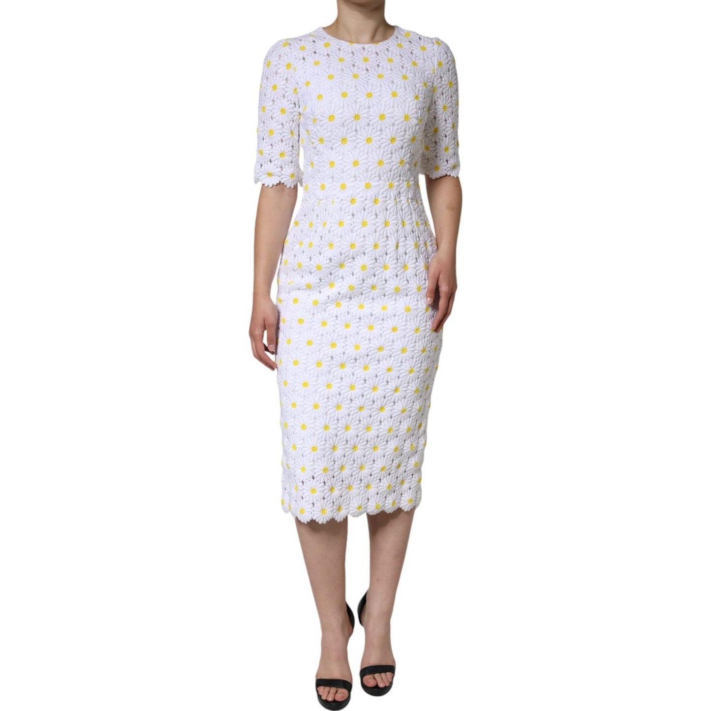 Dolce & Gabbana White Daisy Macrame Lace Sheath Midi Dress Dolce & Gabbana