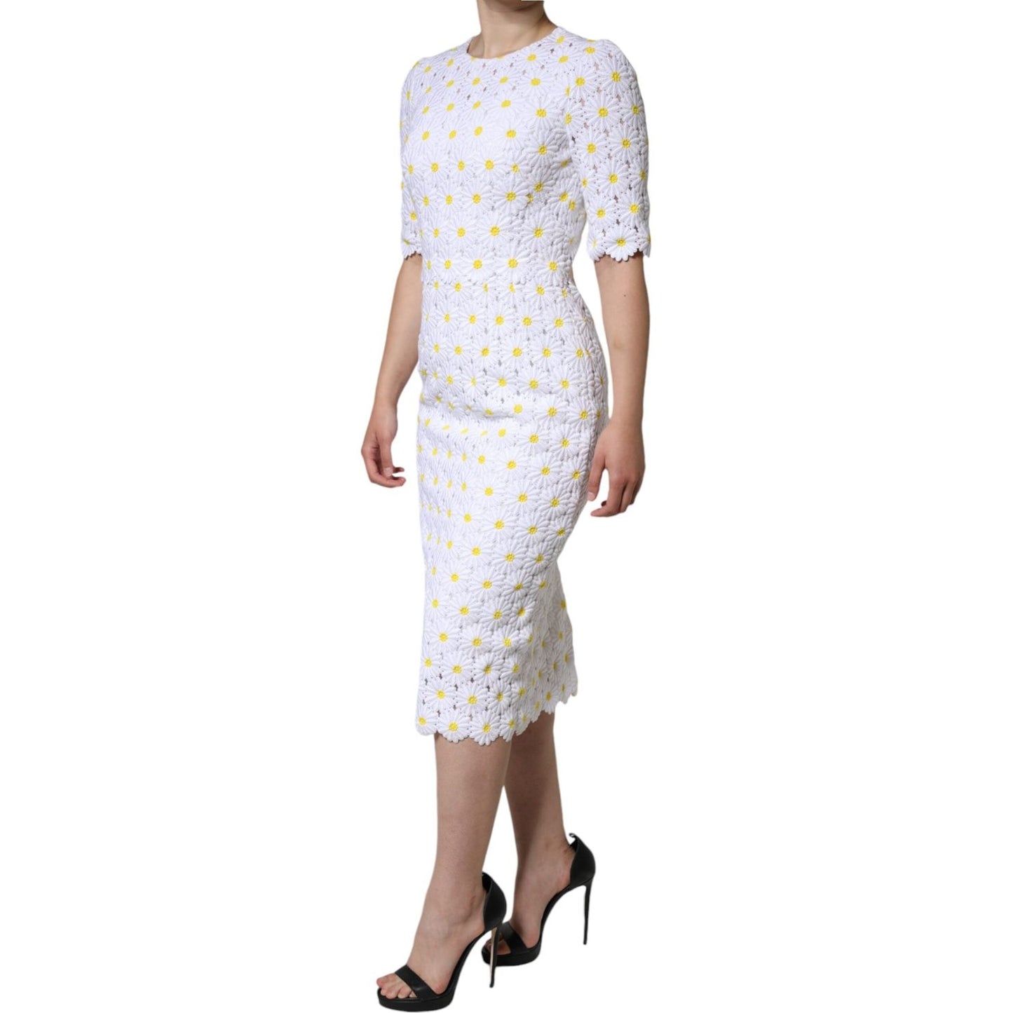 Dolce & Gabbana White Daisy Macrame Lace Sheath Midi Dress Dolce & Gabbana