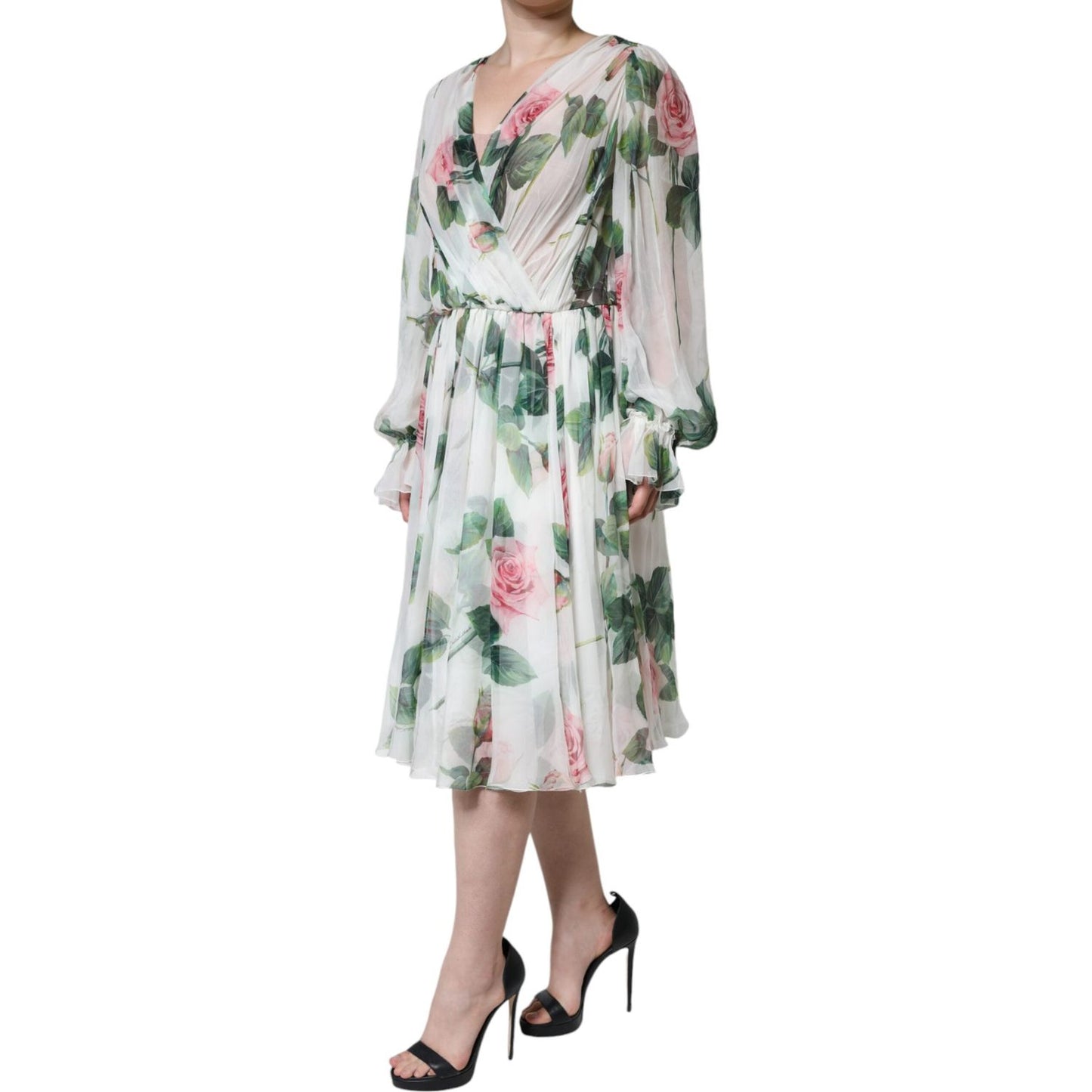 Dolce & Gabbana White Silk Floral Print A-line Midi Dress Dolce & Gabbana